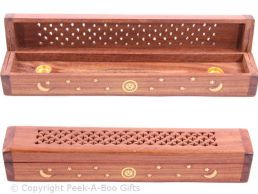 Wood Box Incense Burner & Holder Chest 31cm Sun-Moon-Stars Brass Inlay