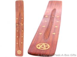 Wood Incense Stick Holder & Ash Catcher Pentagram & Stars Brass Inlay