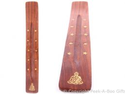 Wood Incense Stick Holder & Ash Catcher Buddha & Stars Brass Inlay