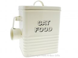 Home Sweet Home Cream Tin Cat Food Container with Scoop 