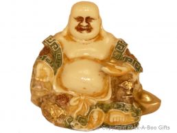 Happy Buddha Sitting Small Figurine Cream with Coloured Accents & Golden Lamps