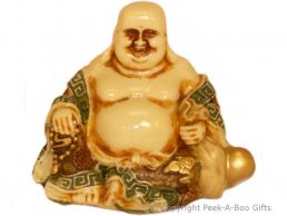 Happy Buddha Sitting Small Figurine Cream with Coloured Accents & Golden Beads 
