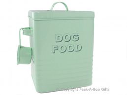 Home Sweet Home Pale Aqua Blue-Green Tin Dog Food Box with Scoop