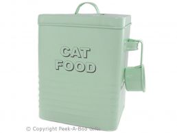 Home Sweet Home Pale Aqua Blue-Green Tin Cat Food Box with Scoop 