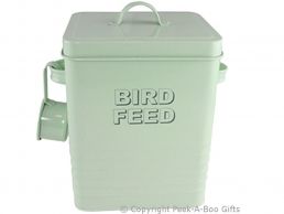Home Sweet Home Pale Aqua Blue-Green Tin Bird Food Box with Scoop