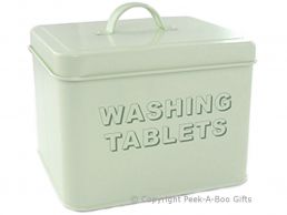 Home Sweet Home Pale Aqua Blue-Green Tin Collection Laundry Washing Tablet Box