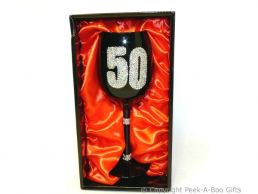 50th Birthday Hand Painted & Jewelled Black Large Wine Gift Glass