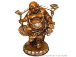 Wood Effect Happy Buddha Figurine-Statue Standing Carrying Coins