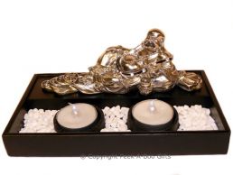Lucky Buddha Laying Twin Tealight Candle Holder Black & Chrome