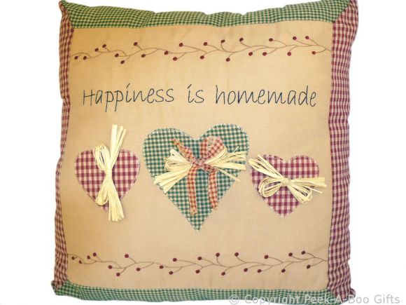 Filled Cushion with Embroidered Message Happiness is Homemade 16"