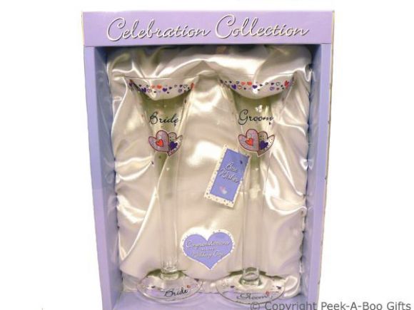 Twin Large Decorated Bride & Groom Clear Flute Wedding Glasses 