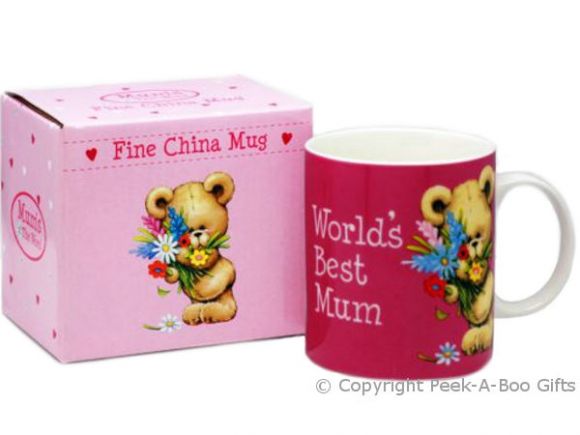 World's Best Mum Teddy Bear Holding Flowers Cerise Fine China Mug